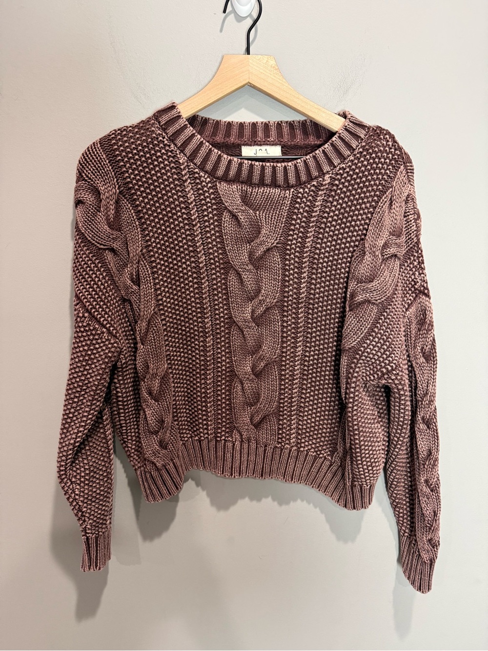J.O.A. Mauve Brown Cable Knit Cotton Cropped Sweater Size Large